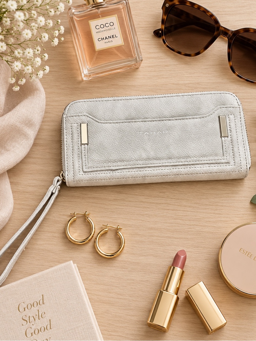Tahari Light Gray Zip-Around Wristlet Wallet Silver Hardware